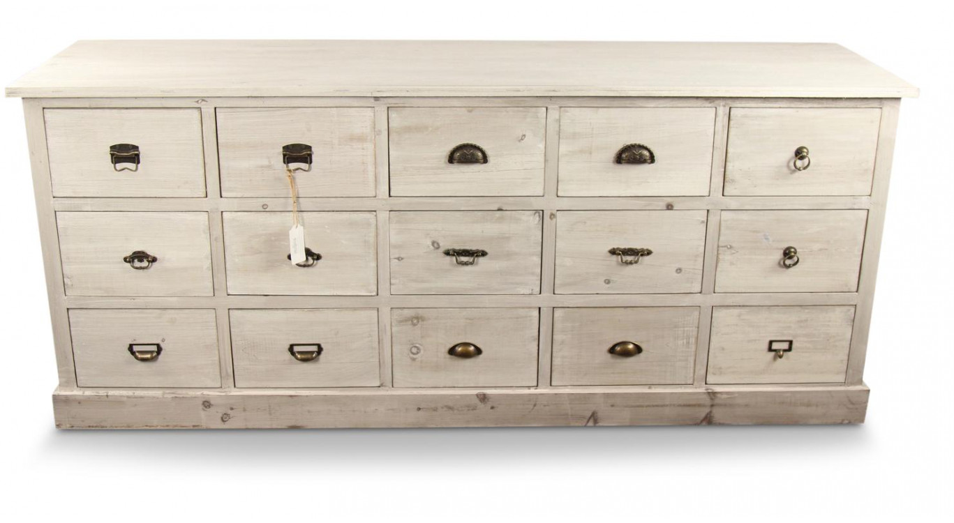 Wochenmöbel Chiffonnier Grainetier Bois 15 Schubladen Cerusé Blanc 200x55x85cm