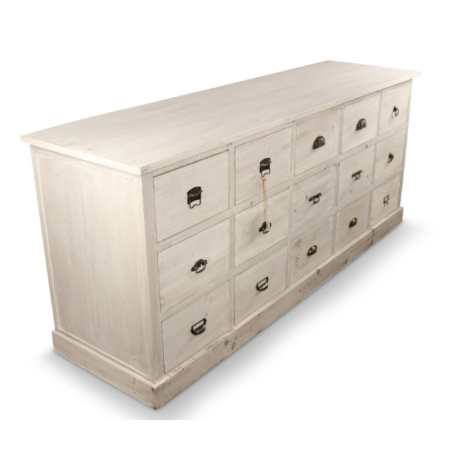 Wochenmöbel Chiffonnier Grainetier Bois 15 Schubladen Cerusé Blanc 200x55x85cm
