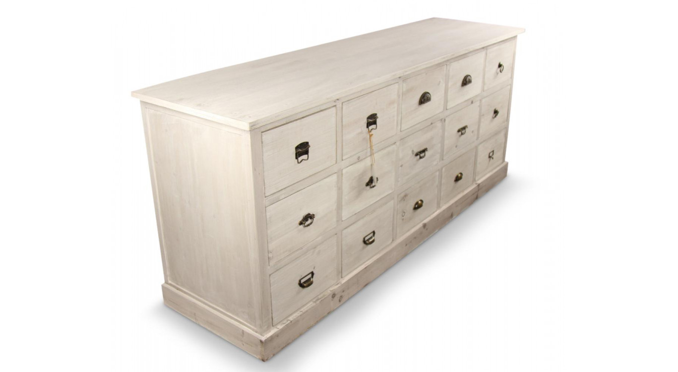 Wochenmöbel Chiffonnier Grainetier Bois 15 Schubladen Cerusé Blanc 200x55x85cm