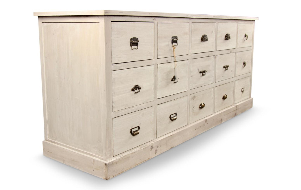 Wochenmöbel Chiffonnier Grainetier Bois 15 Schubladen Cerusé Blanc 200x55x85cm