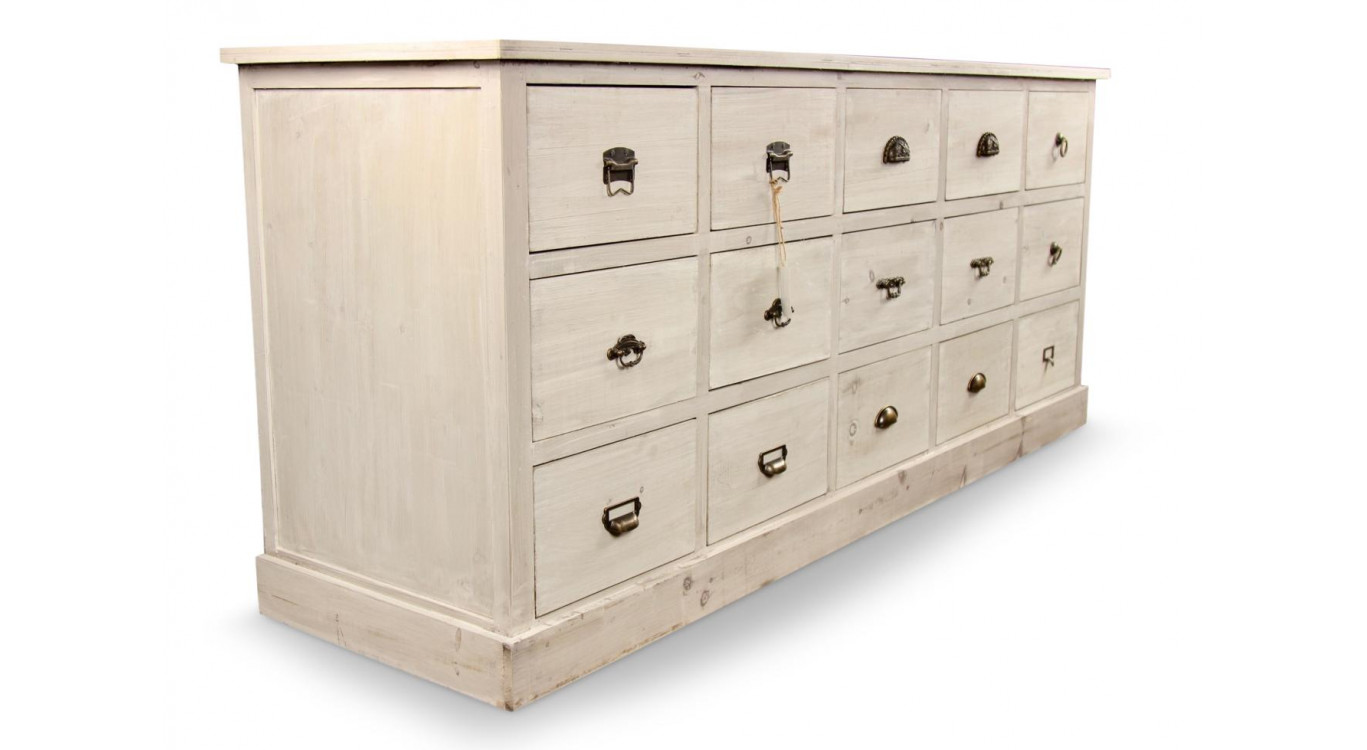 Wochenmöbel Chiffonnier Grainetier Bois 15 Schubladen Cerusé Blanc 200x55x85cm