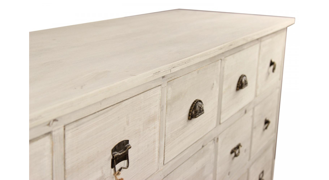 Wochenmöbel Chiffonnier Grainetier Bois 15 Schubladen Cerusé Blanc 200x55x85cm