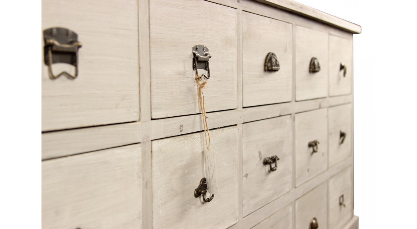 Wochenmöbel Chiffonnier Grainetier Bois 15 Schubladen Cerusé Blanc 200x55x85cm