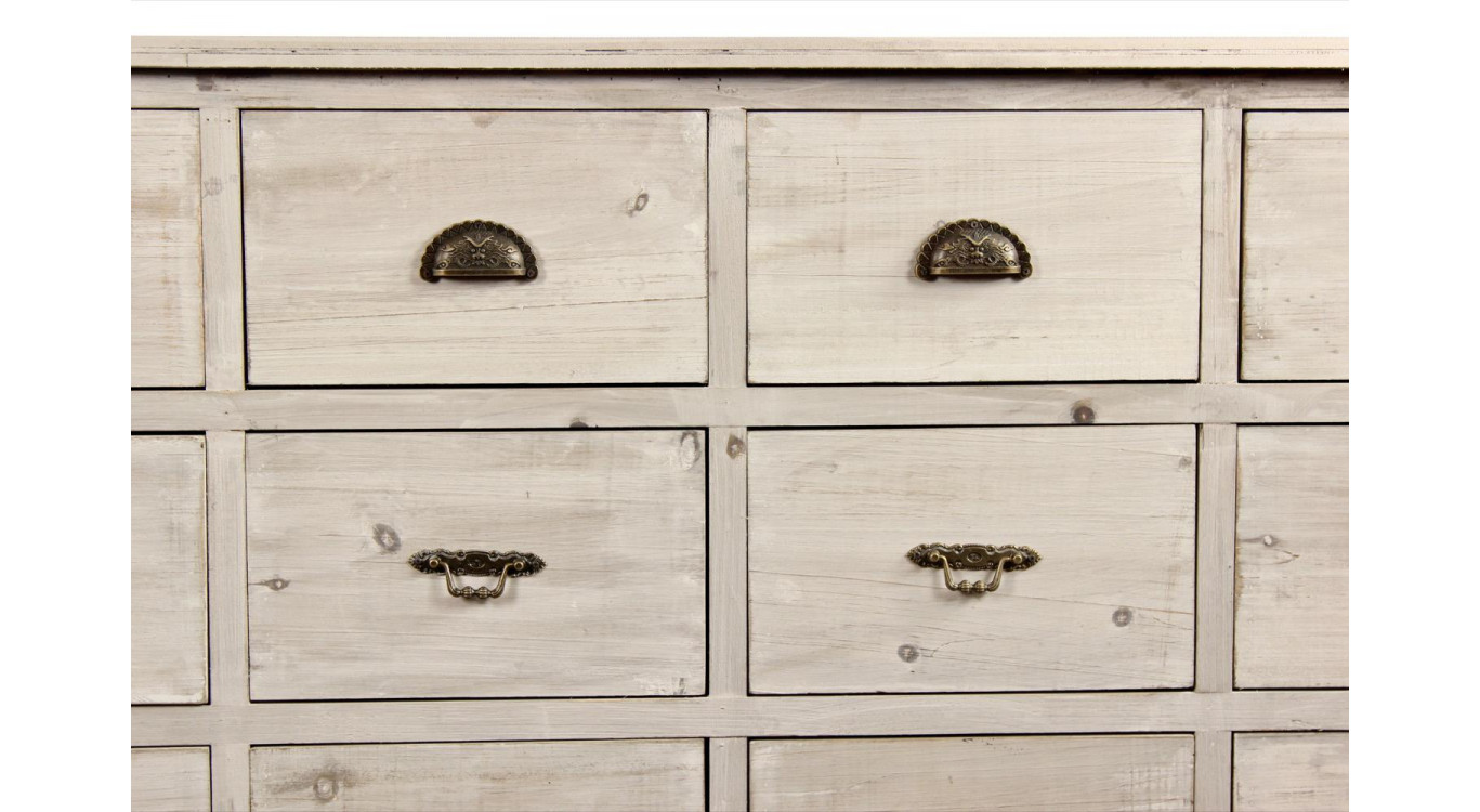 Wochenmöbel Chiffonnier Grainetier Bois 15 Schubladen Cerusé Blanc 200x55x85cm