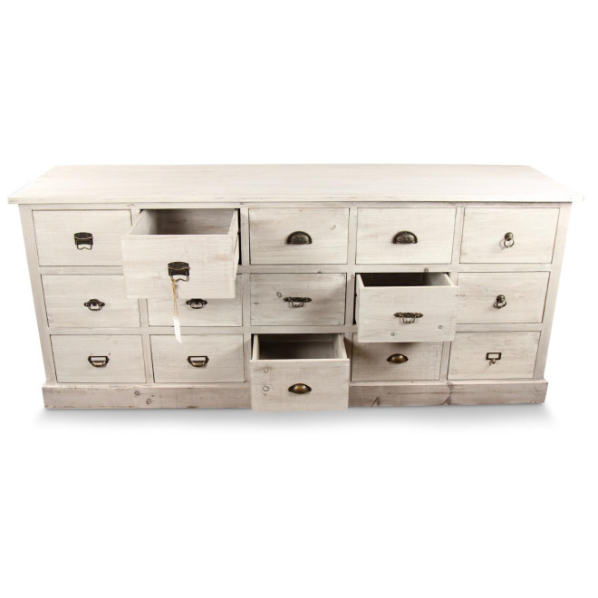 Wochenmöbel Chiffonnier Grainetier Bois 15 Schubladen Cerusé Blanc 200x55x85cm