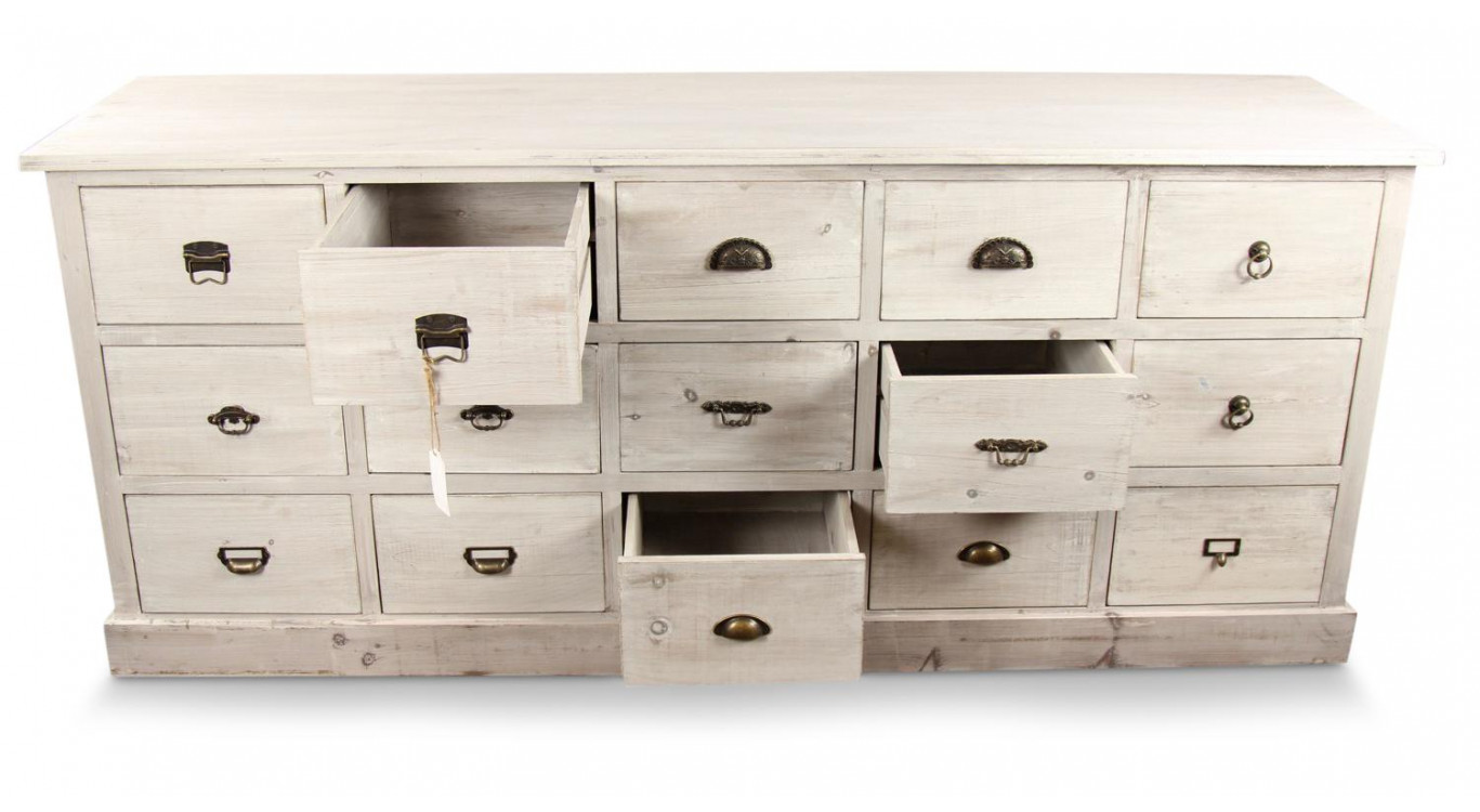 Wochenmöbel Chiffonnier Grainetier Bois 15 Schubladen Cerusé Blanc 200x55x85cm