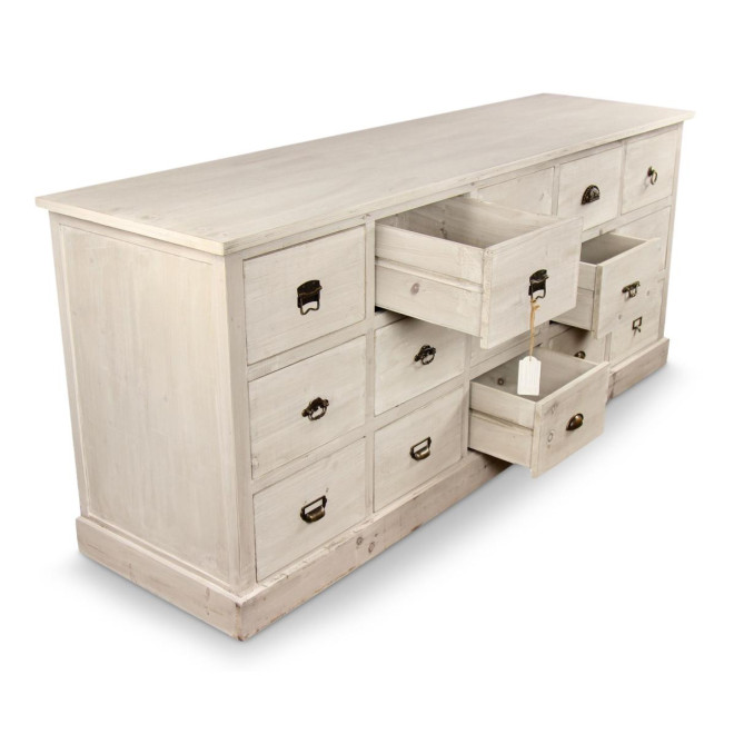 Wochenmöbel Chiffonnier Grainetier Bois 15 Schubladen Cerusé Blanc 200x55x85cm