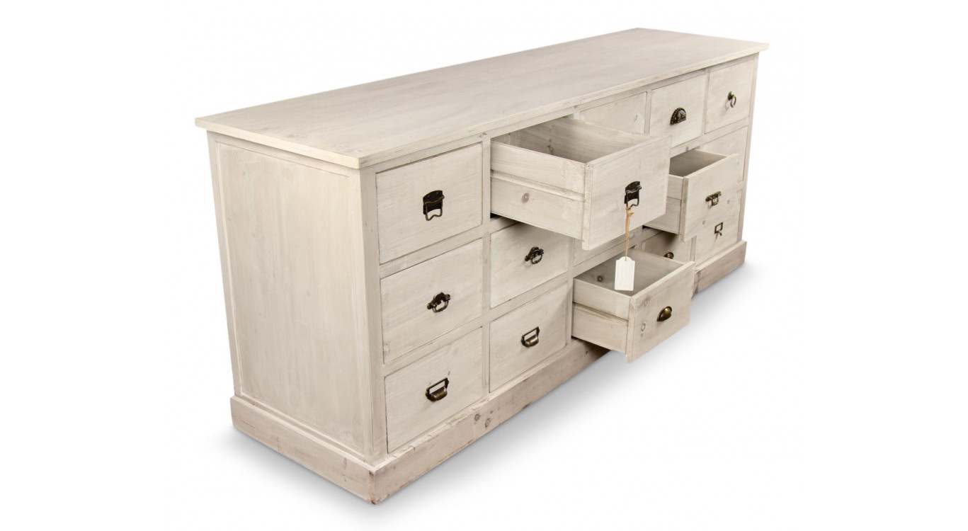 Wochenmöbel Chiffonnier Grainetier Bois 15 Schubladen Cerusé Blanc 200x55x85cm