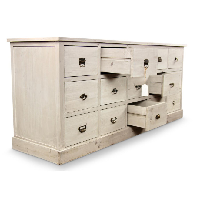 Wochenmöbel Chiffonnier Grainetier Bois 15 Schubladen Cerusé Blanc 200x55x85cm
