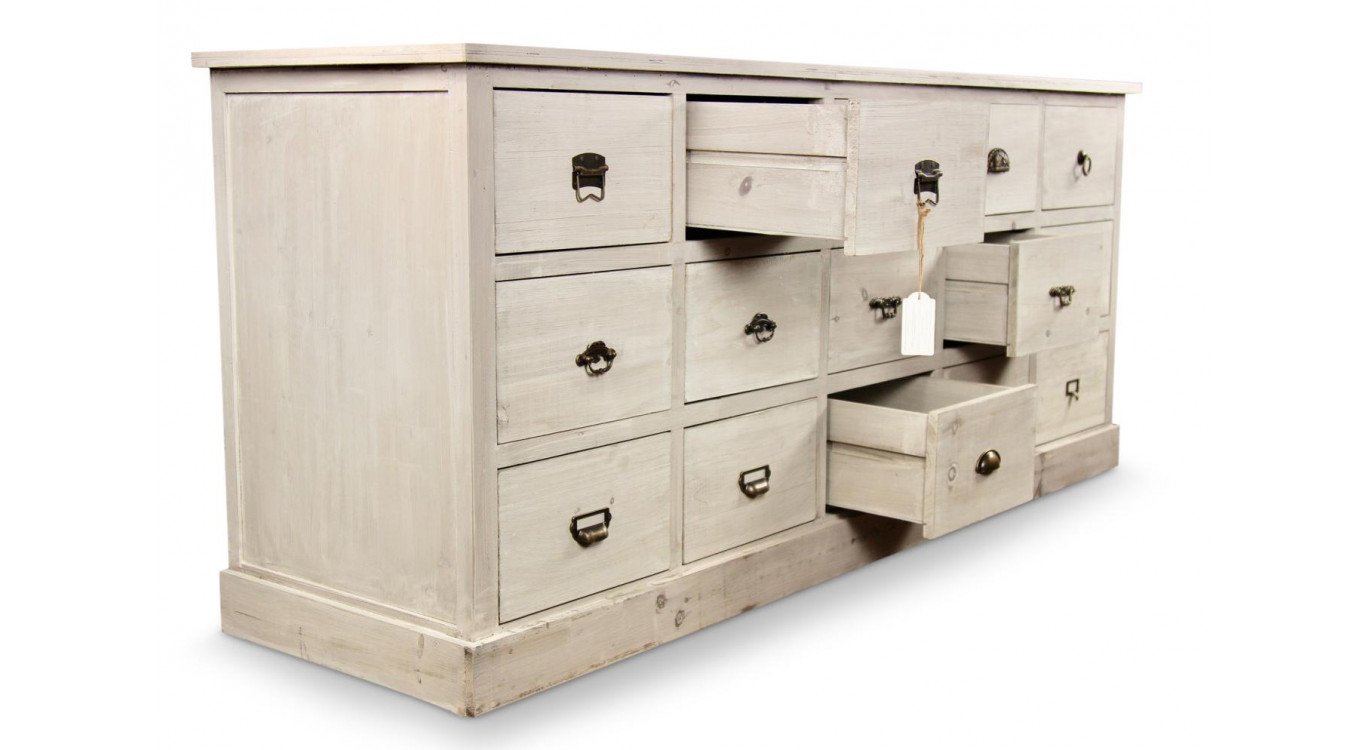 Wochenmöbel Chiffonnier Grainetier Bois 15 Schubladen Cerusé Blanc 200x55x85cm