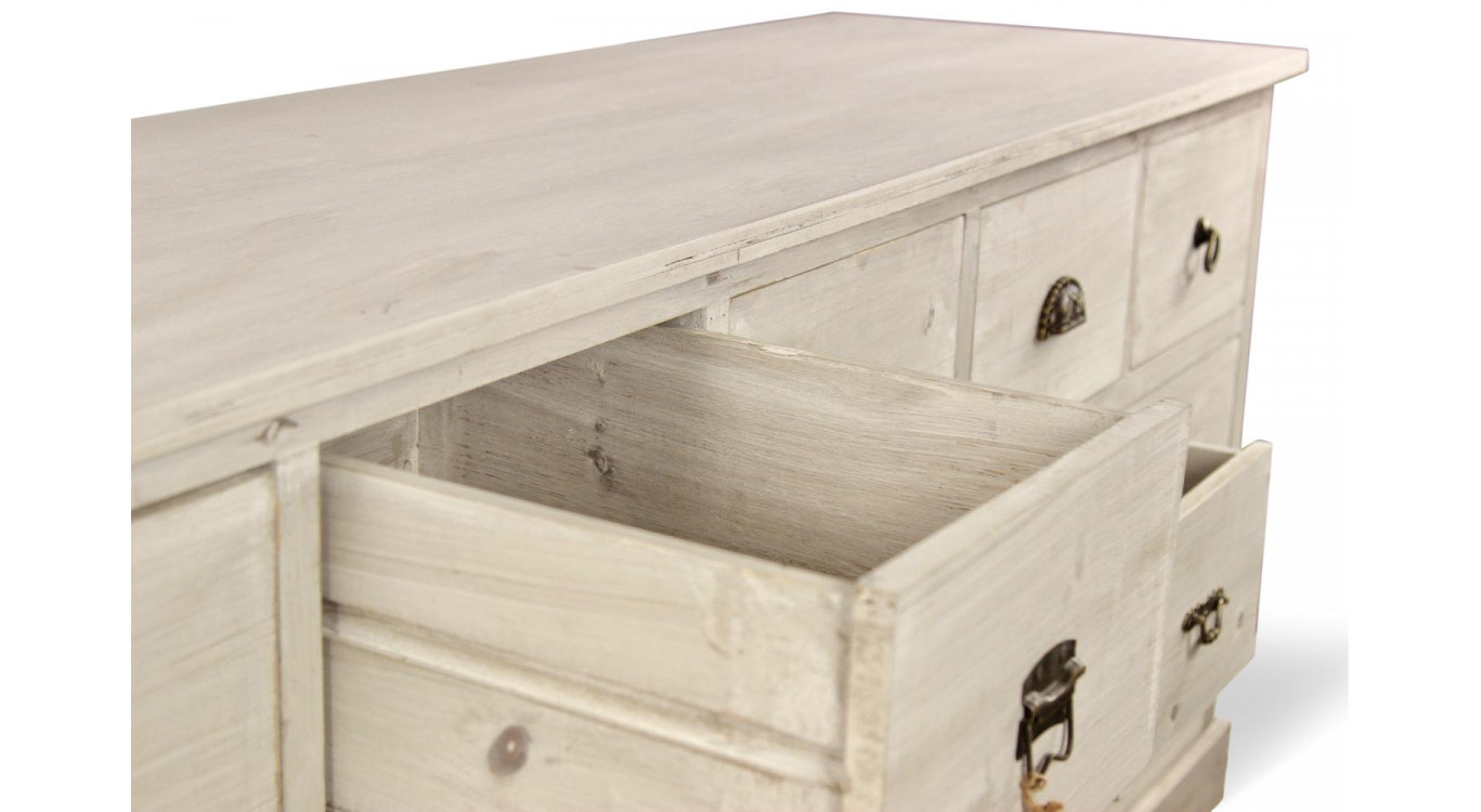 Wochenmöbel Chiffonnier Grainetier Bois 15 Schubladen Cerusé Blanc 200x55x85cm