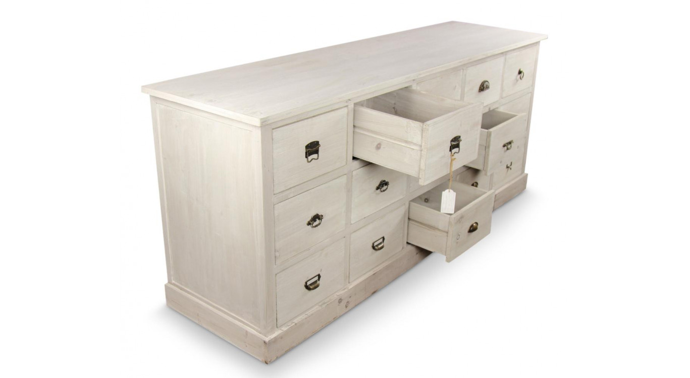 Wochenmöbel Chiffonnier Grainetier Bois 15 Schubladen Cerusé Blanc 200x55x85cm