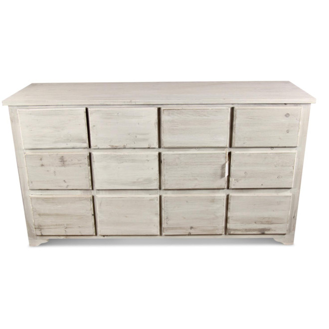 Meuble Semainier Chiffonnier Grainetier Bois 12 Tiroirs Cerusé Blanc Nu 167x54x91cm