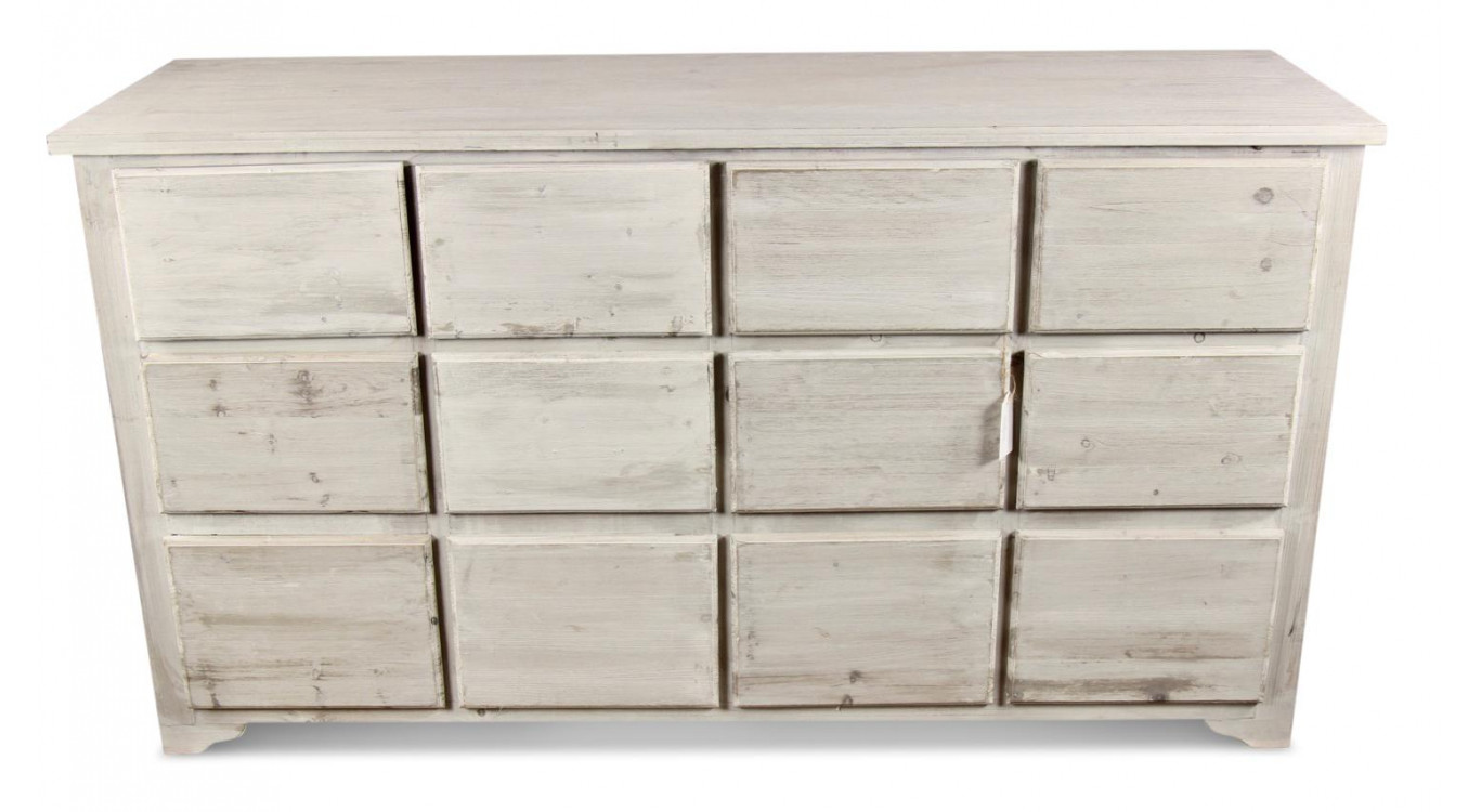 Meuble Semainier Chiffonnier Grainetier Bois 12 Tiroirs Cerusé Blanc Nu 167x54x91cm