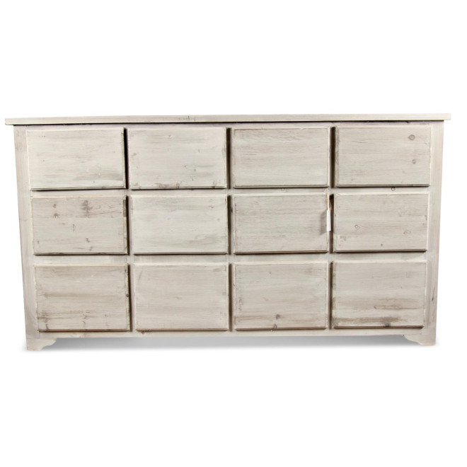 Meuble Semainier Chiffonnier Grainetier Bois 12 Tiroirs Cerusé Blanc Nu 167x54x91cm