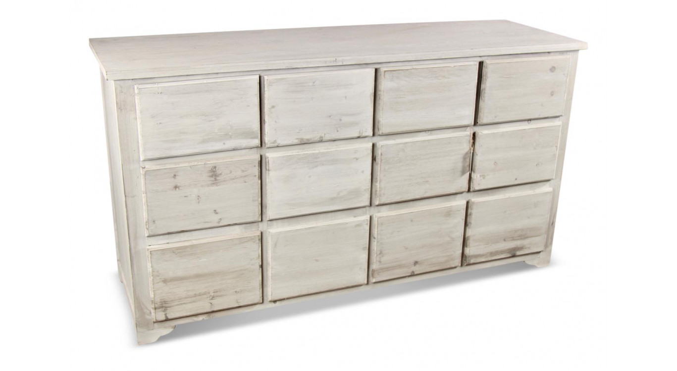 Meuble Semainier Chiffonnier Grainetier Bois 12 Tiroirs Cerusé Blanc Nu 167x54x91cm