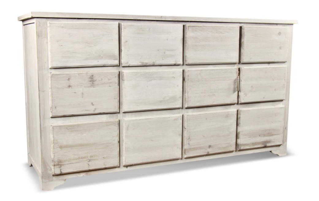 Wochenschrank Chiffonnier Grainetier Bois 12 Schubladen Cerusé Blanc Nu 167x54x91cm