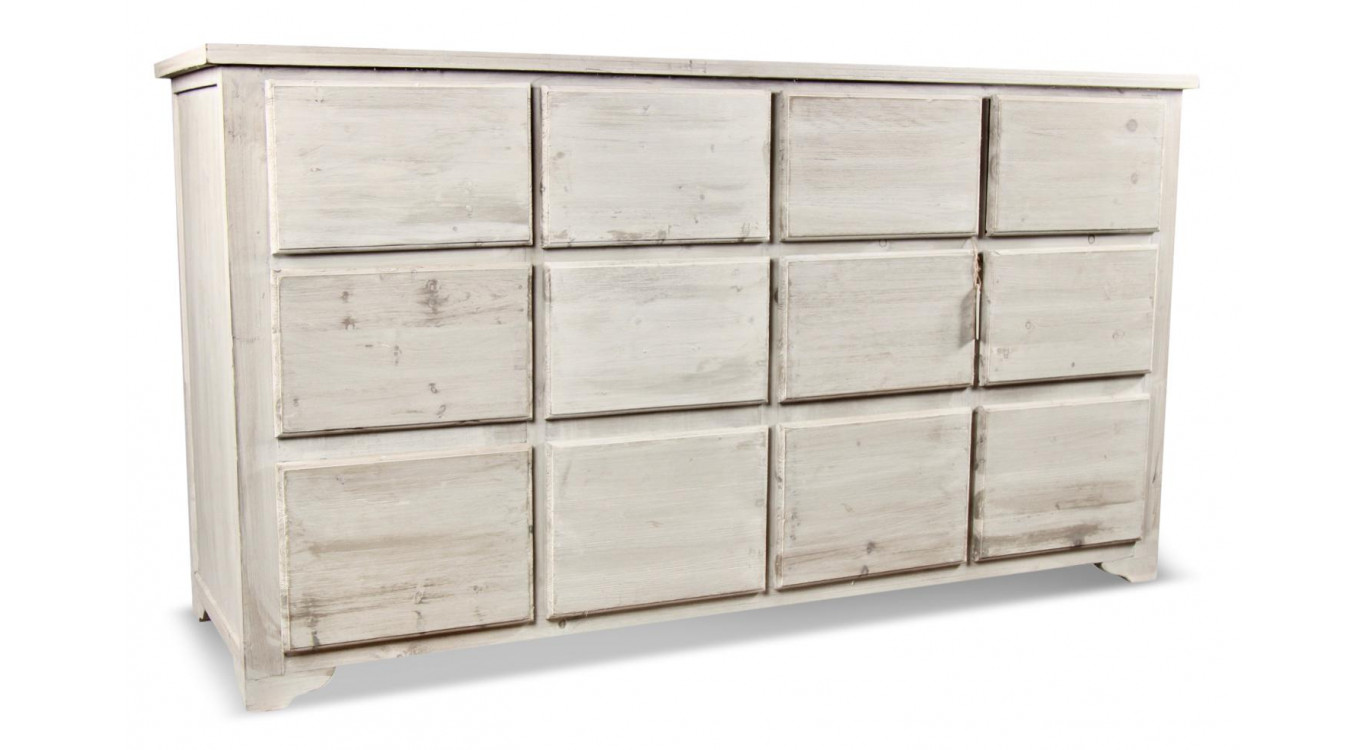 Meuble Semainier Chiffonnier Grainetier Bois 12 Tiroirs Cerusé Blanc Nu 167x54x91cm