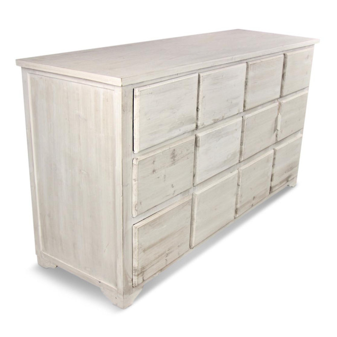 Meuble Semainier Chiffonnier Grainetier Bois 12 Tiroirs Cerusé Blanc Nu 167x54x91cm