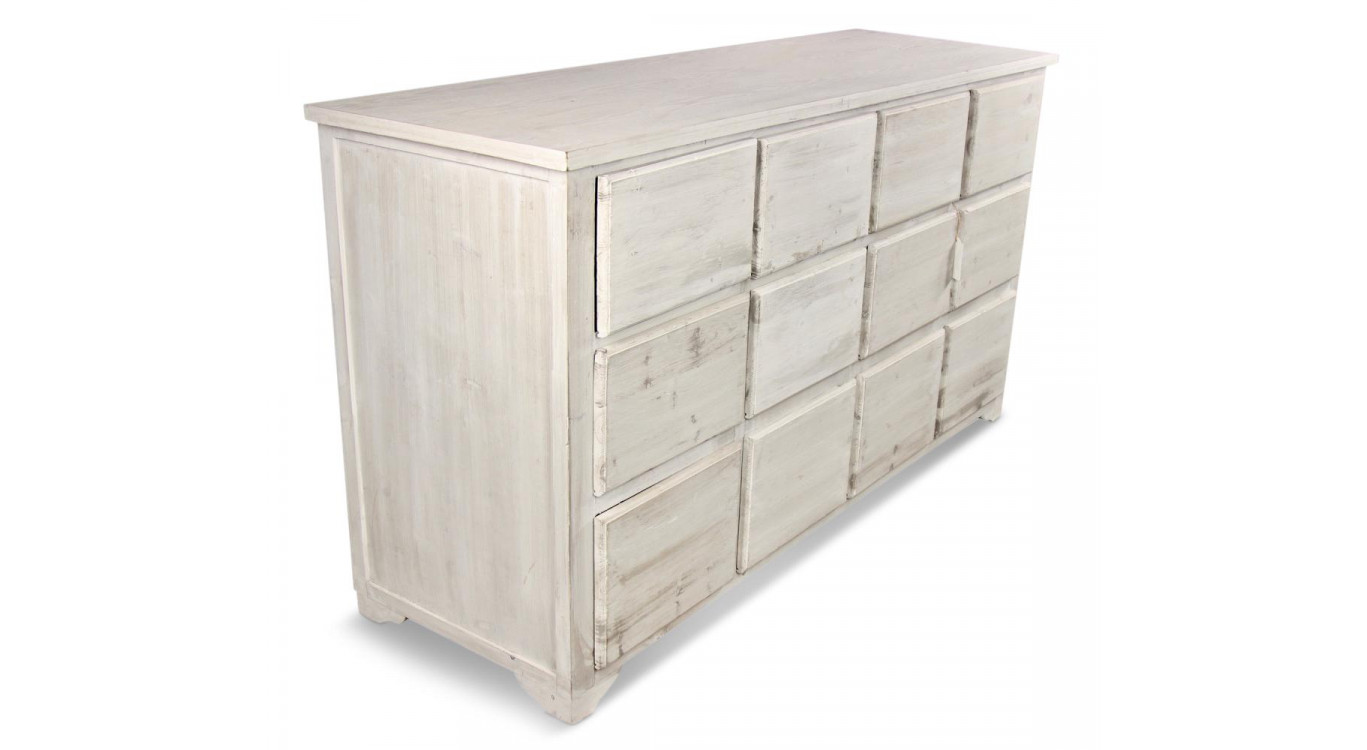 Wochenschrank Chiffonnier Grainetier Bois 12 Schubladen Cerusé Blanc Nu 167x54x91cm