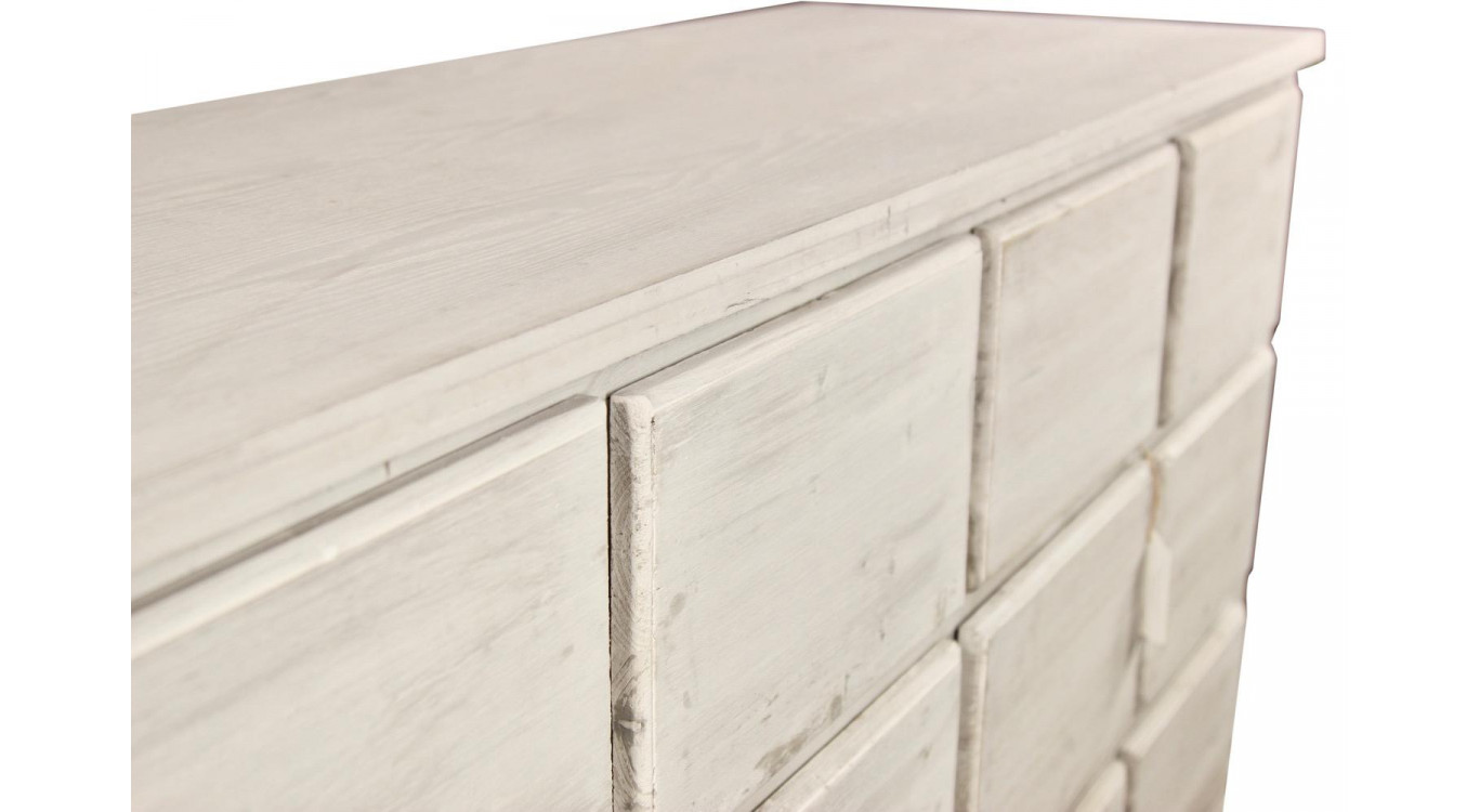 Meuble Semainier Chiffonnier Grainetier Bois 12 Tiroirs Cerusé Blanc Nu 167x54x91cm
