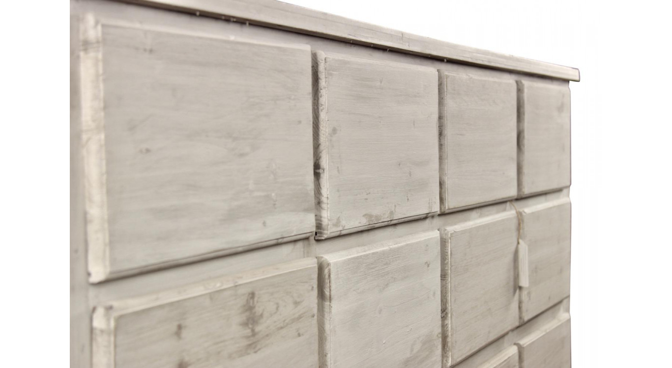 Meuble Semainier Chiffonnier Grainetier Bois 12 Tiroirs Cerusé Blanc Nu 167x54x91cm