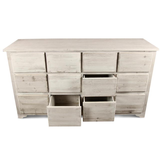 Meuble Semainier Chiffonnier Grainetier Bois 12 Tiroirs Cerusé Blanc Nu 167x54x91cm