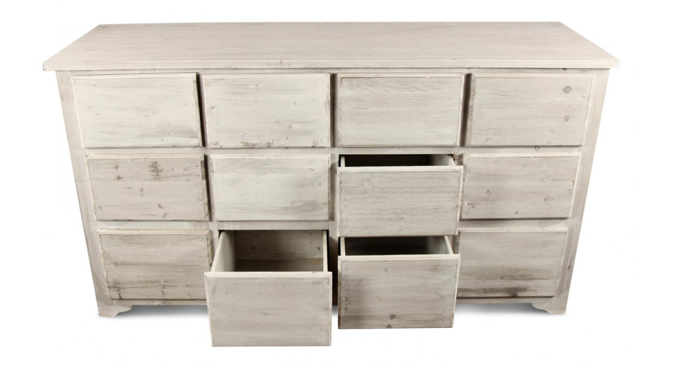 Meuble Semainier Chiffonnier Grainetier Bois 12 Tiroirs Cerusé Blanc Nu 167x54x91cm