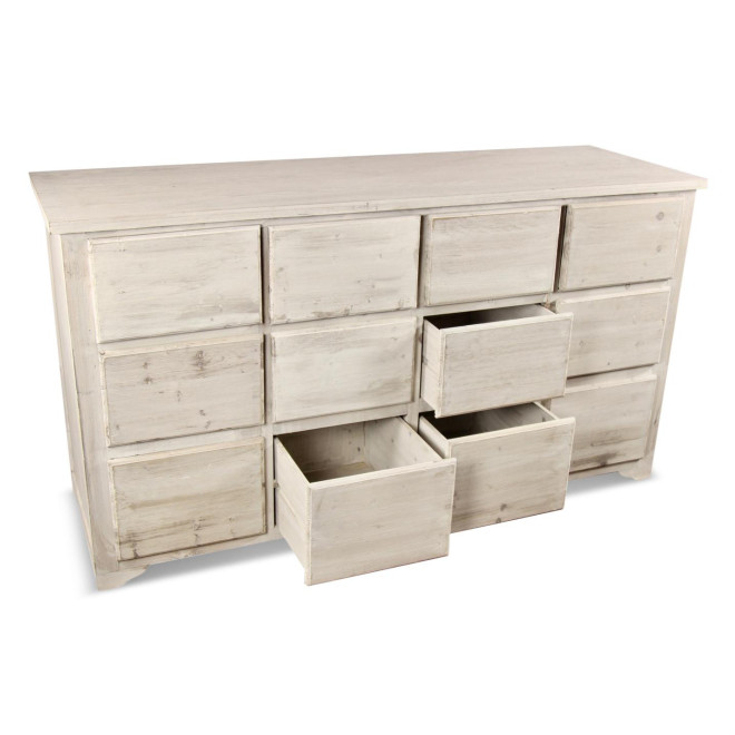 Meuble Semainier Chiffonnier Grainetier Bois 12 Tiroirs Cerusé Blanc Nu 167x54x91cm