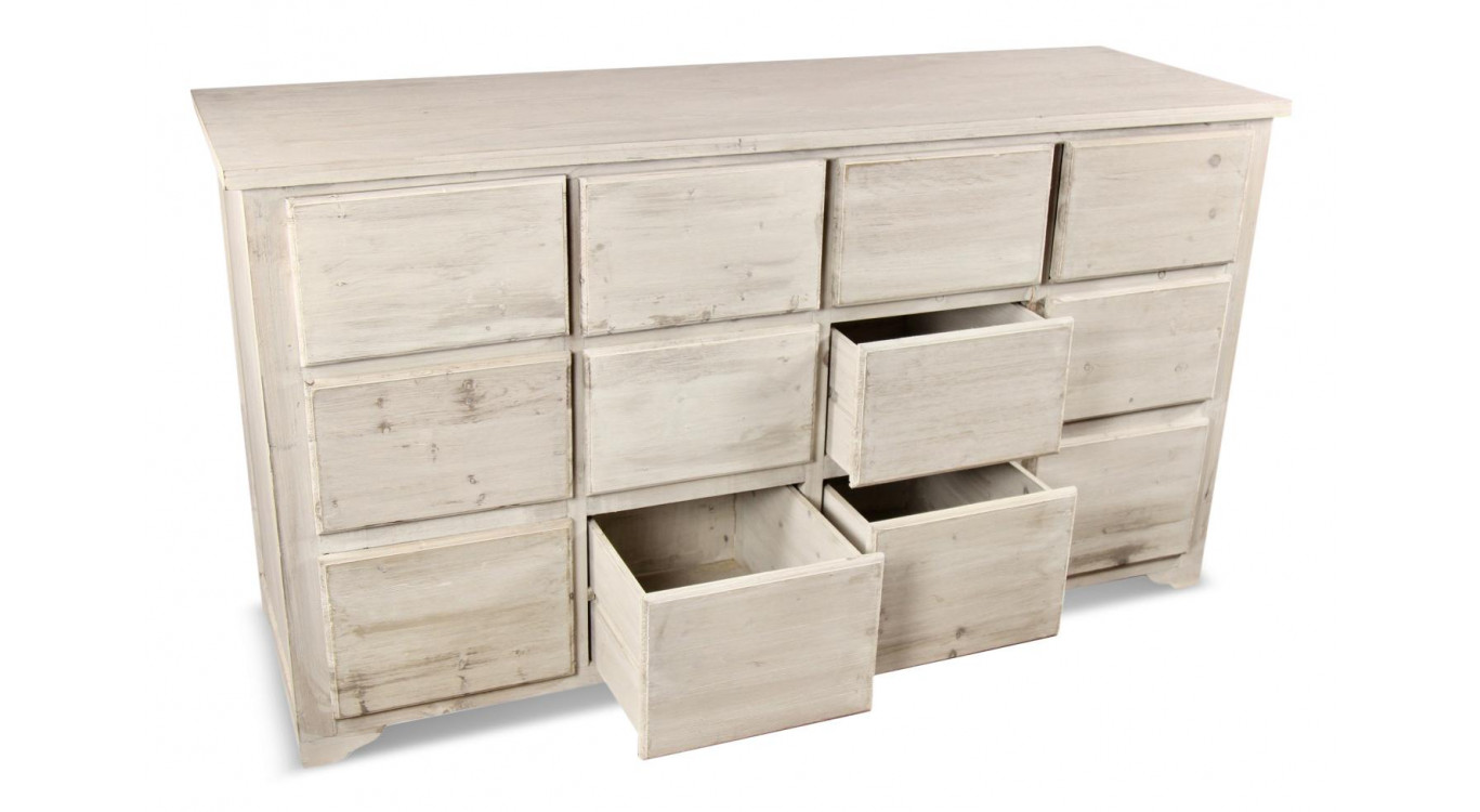 Meuble Semainier Chiffonnier Grainetier Bois 12 Tiroirs Cerusé Blanc Nu 167x54x91cm
