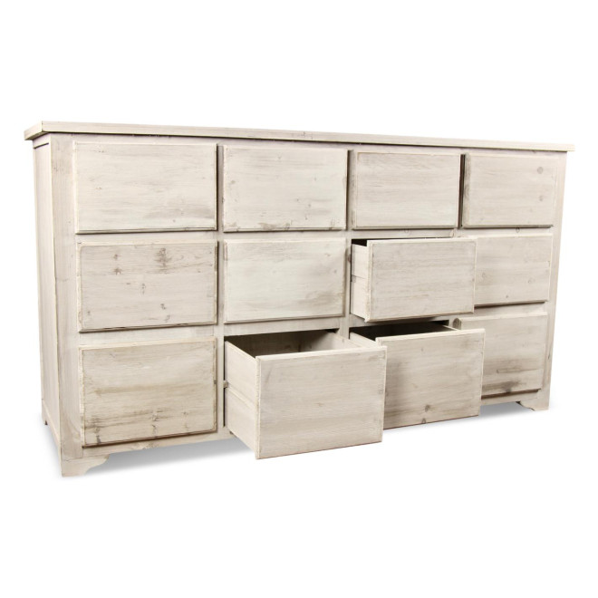 Meuble Semainier Chiffonnier Grainetier Bois 12 Tiroirs Cerusé Blanc Nu 167x54x91cm