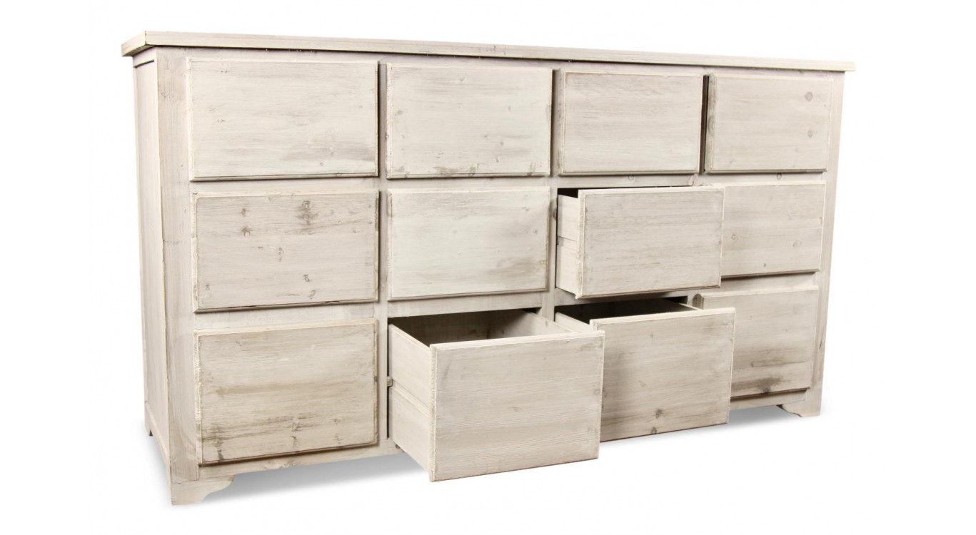 Meuble Semainier Chiffonnier Grainetier Bois 12 Tiroirs Cerusé Blanc Nu 167x54x91cm