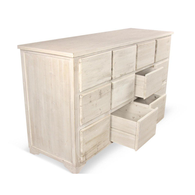 Meuble Semainier Chiffonnier Grainetier Bois 12 Tiroirs Cerusé Blanc Nu 167x54x91cm