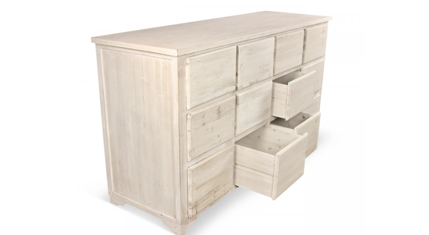 Meuble Semainier Chiffonnier Grainetier Bois 12 Tiroirs Cerusé Blanc Nu 167x54x91cm
