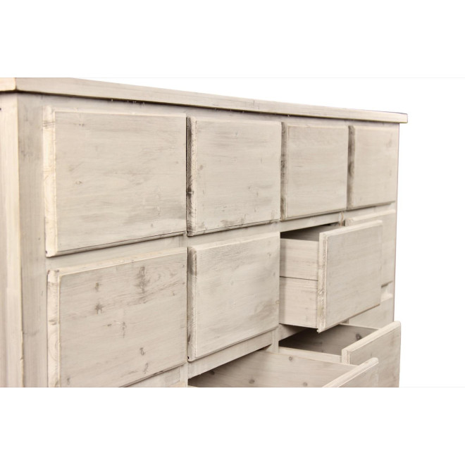 Meuble Semainier Chiffonnier Grainetier Bois 12 Tiroirs Cerusé Blanc Nu 167x54x91cm