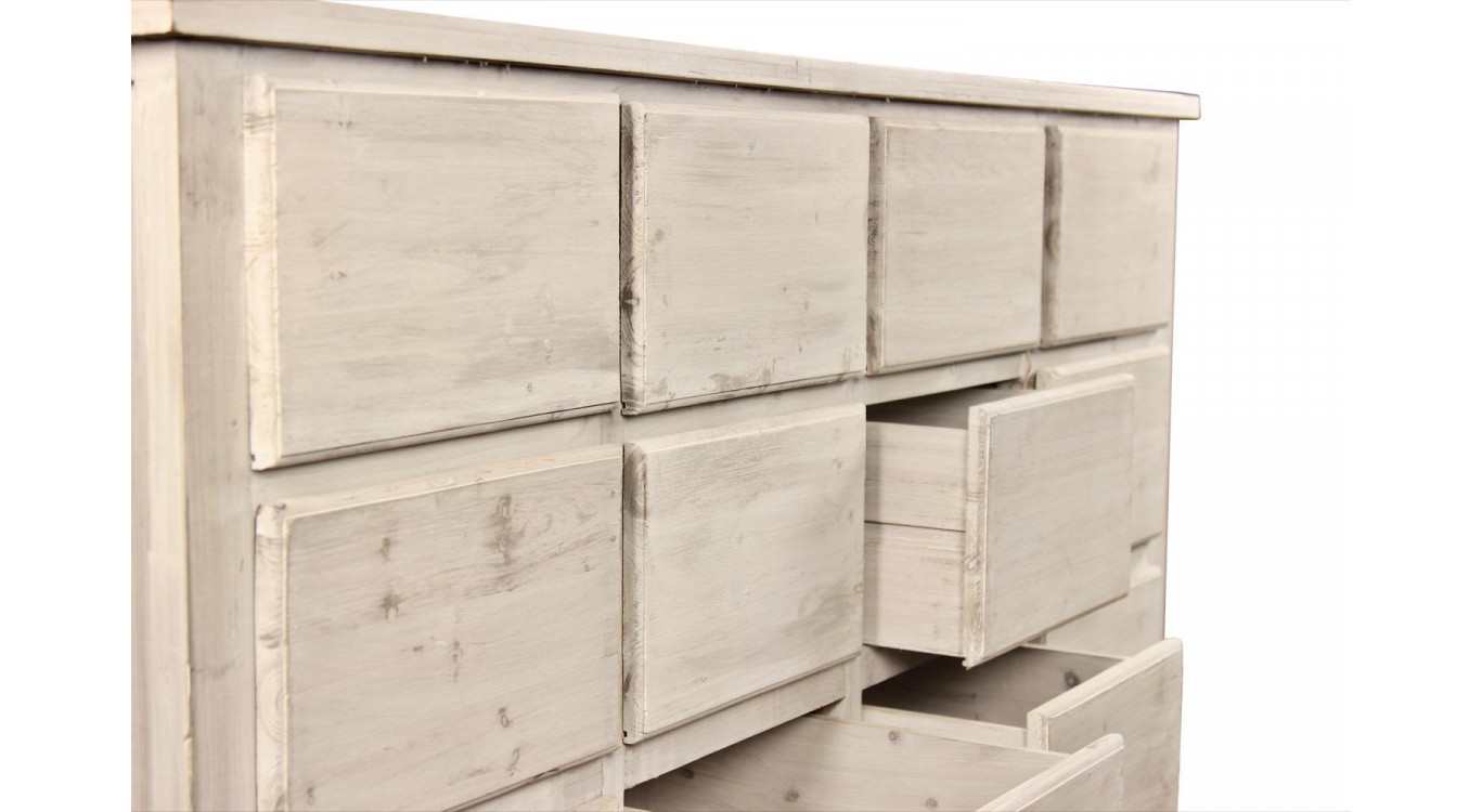 Meuble Semainier Chiffonnier Grainetier Bois 12 Tiroirs Cerusé Blanc Nu 167x54x91cm