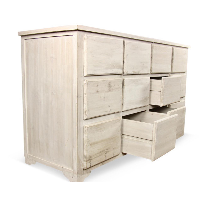Meuble Semainier Chiffonnier Grainetier Bois 12 Tiroirs Cerusé Blanc Nu 167x54x91cm