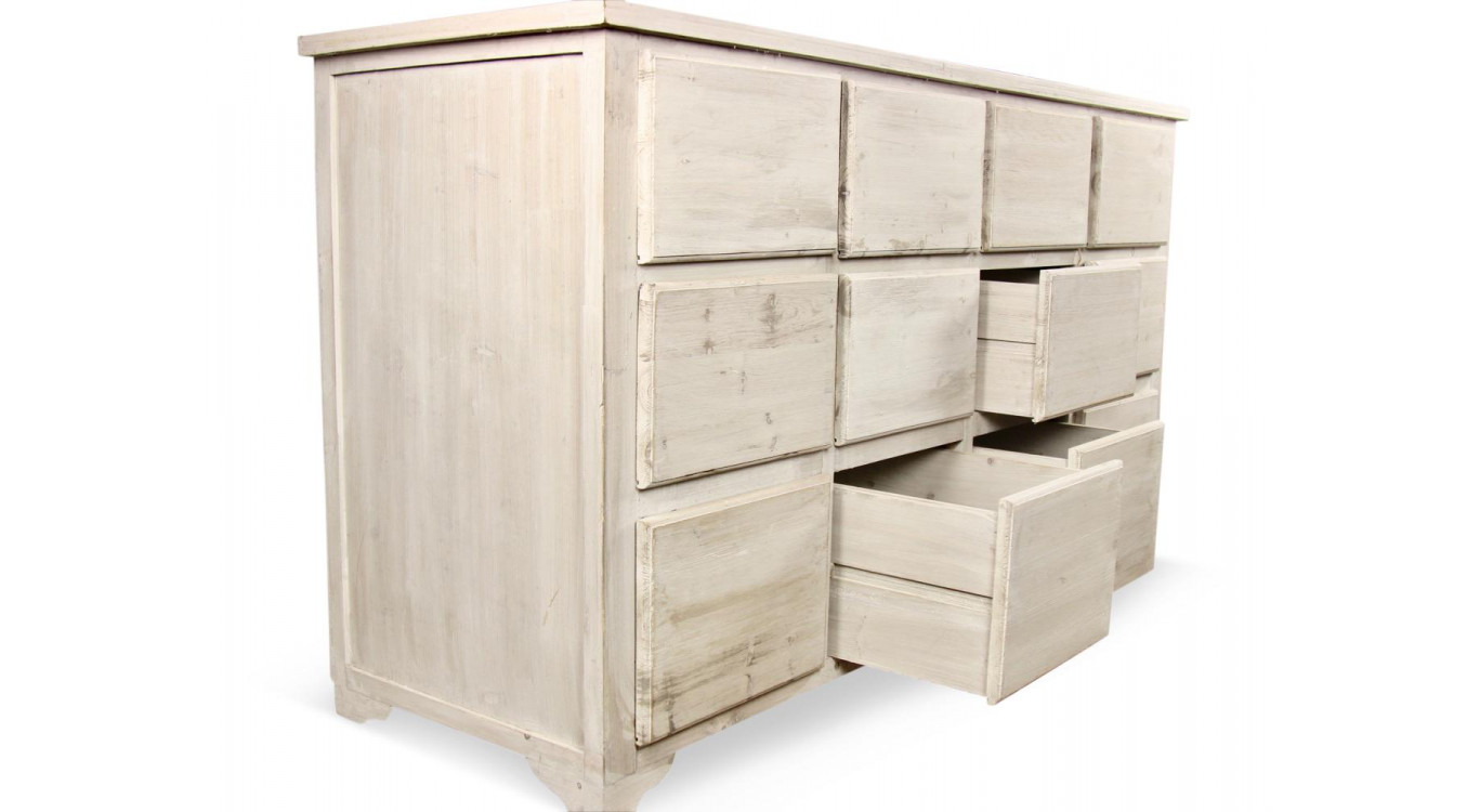 Meuble Semainier Chiffonnier Grainetier Bois 12 Tiroirs Cerusé Blanc Nu 167x54x91cm