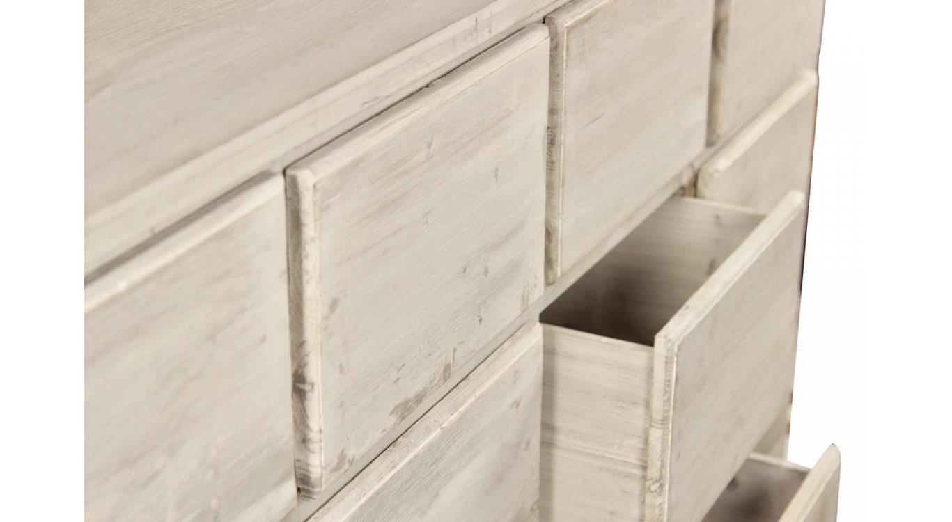 Meuble Semainier Chiffonnier Grainetier Bois 12 Tiroirs Cerusé Blanc Nu 167x54x91cm