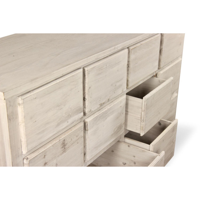 Meuble Semainier Chiffonnier Grainetier Bois 12 Tiroirs Cerusé Blanc Nu 167x54x91cm