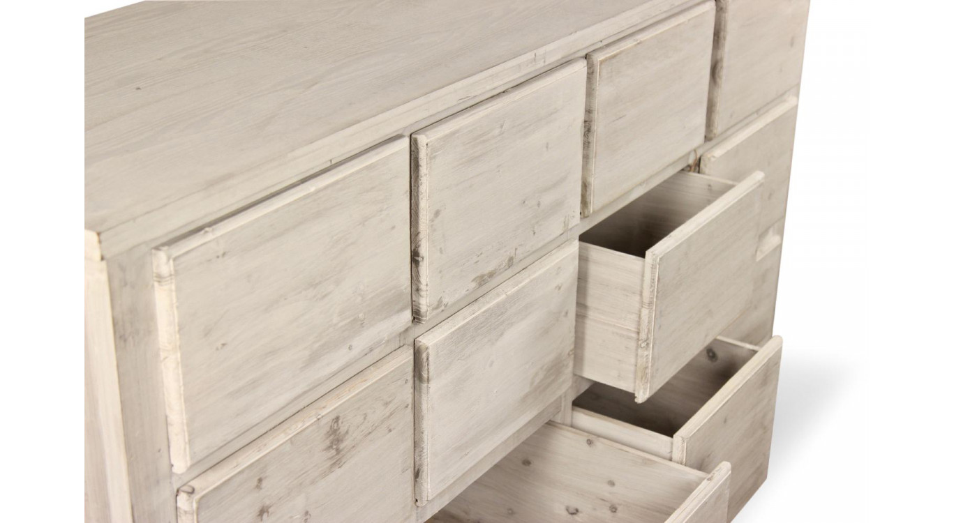 Wochenschrank Chiffonnier Grainetier Bois 12 Schubladen Cerusé Blanc Nu 167x54x91cm