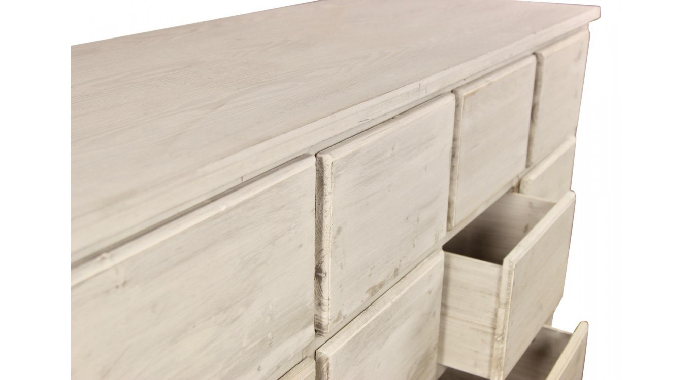 Meuble Semainier Chiffonnier Grainetier Bois 12 Tiroirs Cerusé Blanc Nu 167x54x91cm