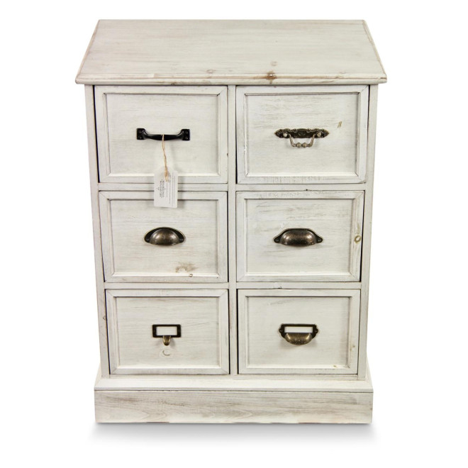 Meuble Semainier Chiffonnier Grainetier Bois 6 Tiroirs Cerusé Blanc 58x40.5x76cm