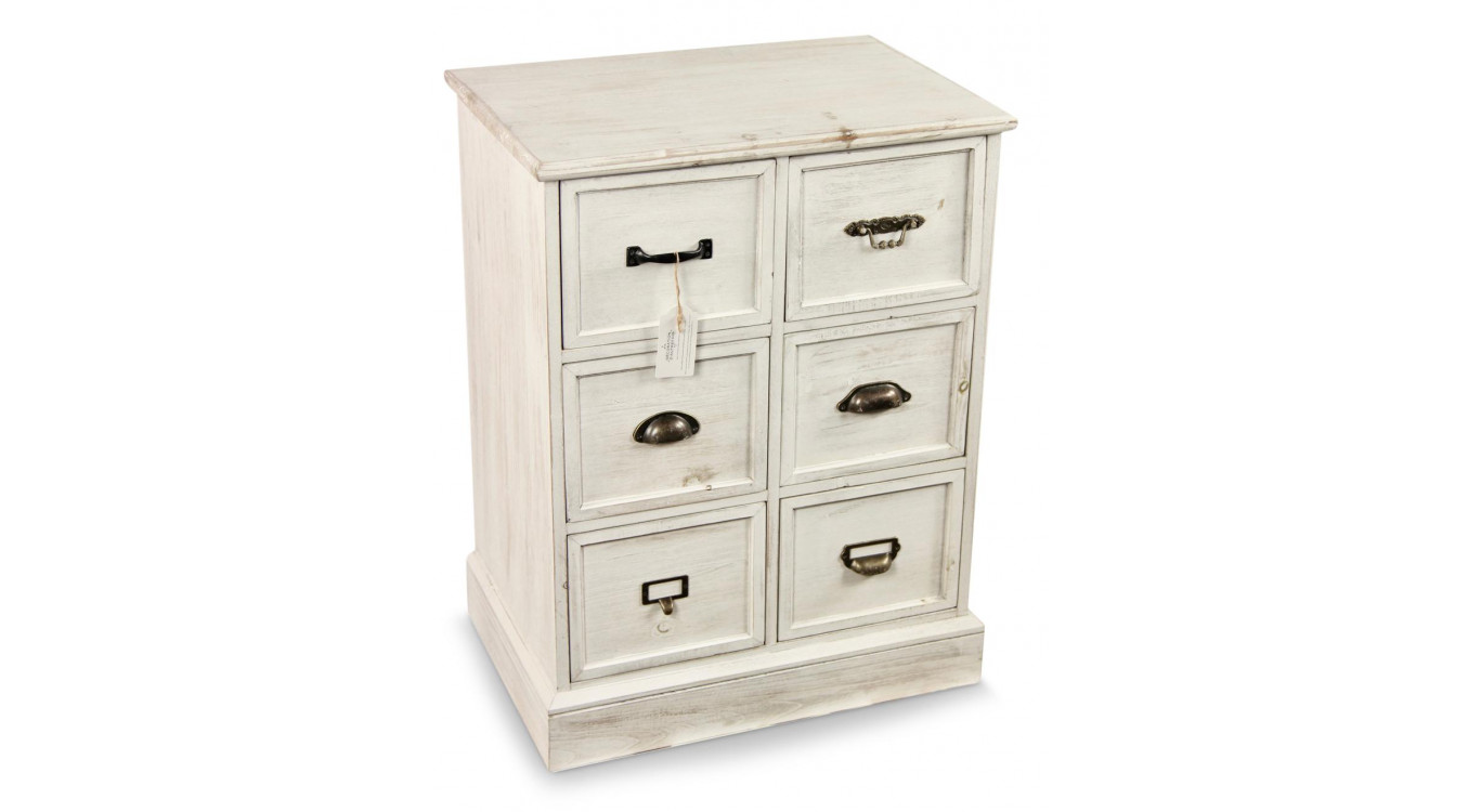 Meuble Semainier Chiffonnier Grainetier Bois 6 Tiroirs Cerusé Blanc 58x40.5x76cm
