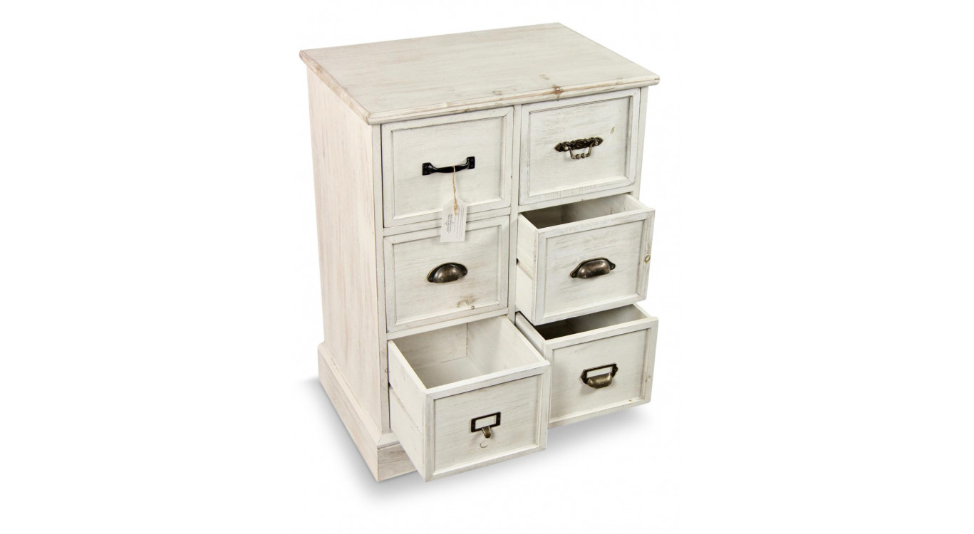 Meuble Semainier Chiffonnier Grainetier Bois 6 Tiroirs Cerusé Blanc 58x40.5x76cm
