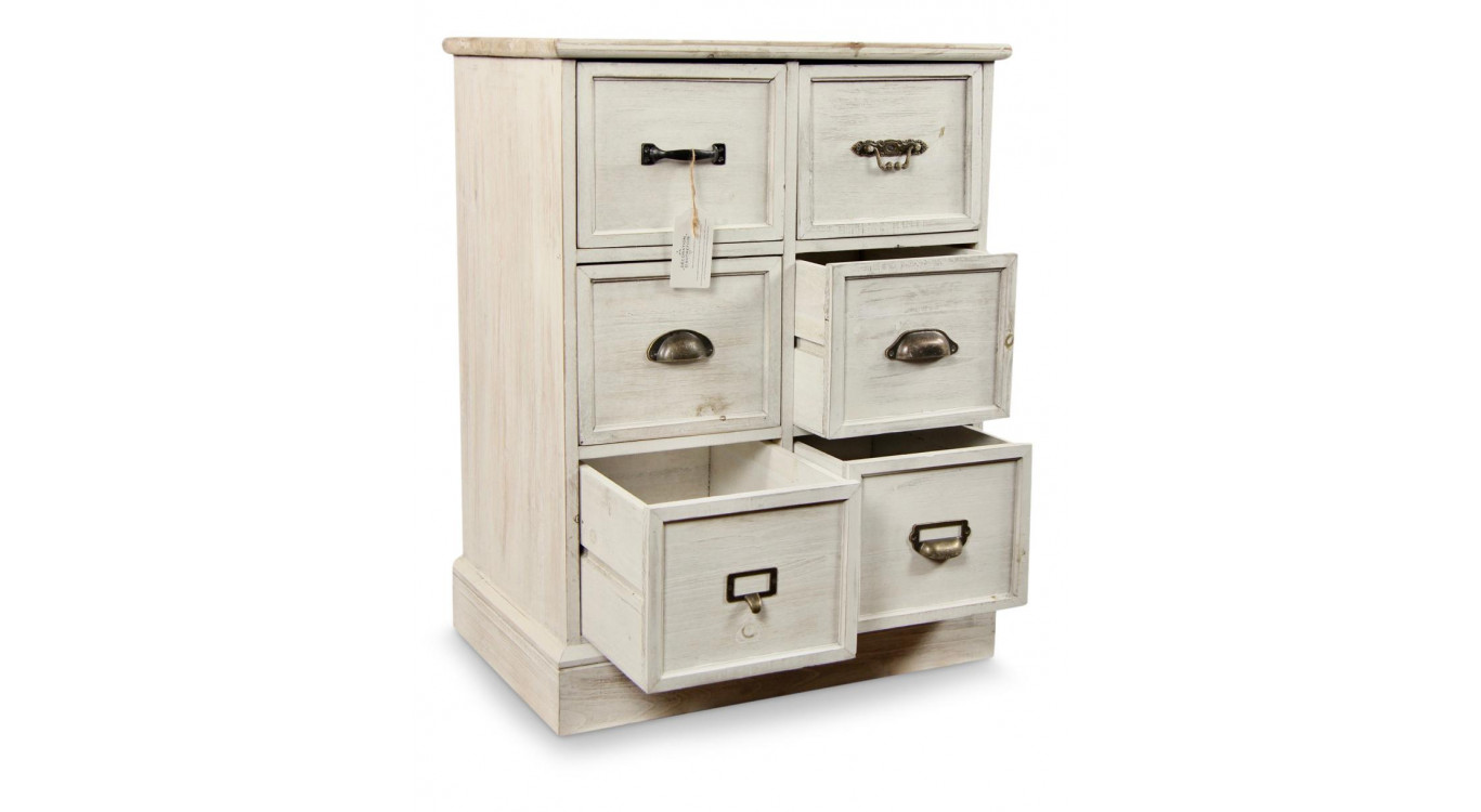 Meuble Semainier Chiffonnier Grainetier Bois 6 Tiroirs Cerusé Blanc 58x40.5x76cm