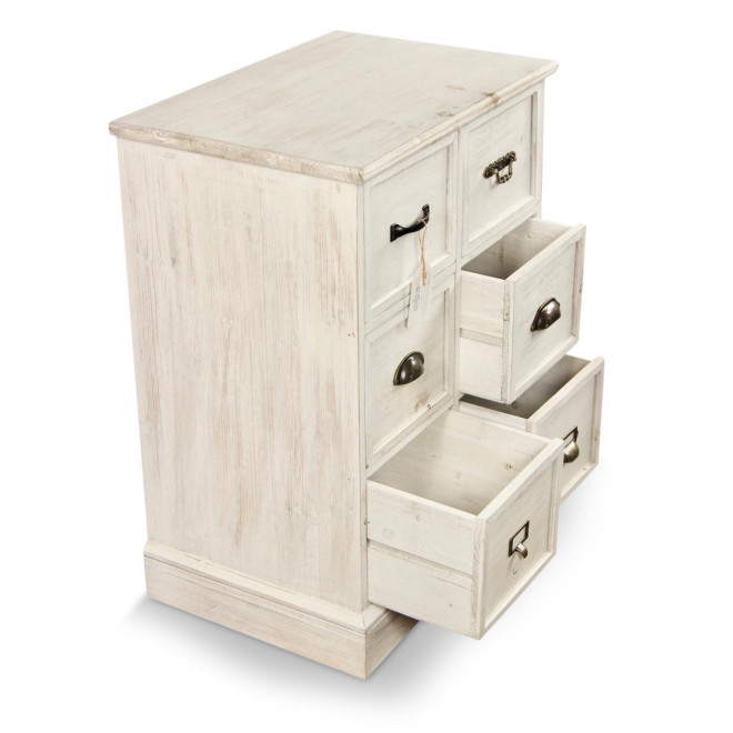 Meuble Semainier Chiffonnier Grainetier Bois 6 Tiroirs Cerusé Blanc 58x40.5x76cm