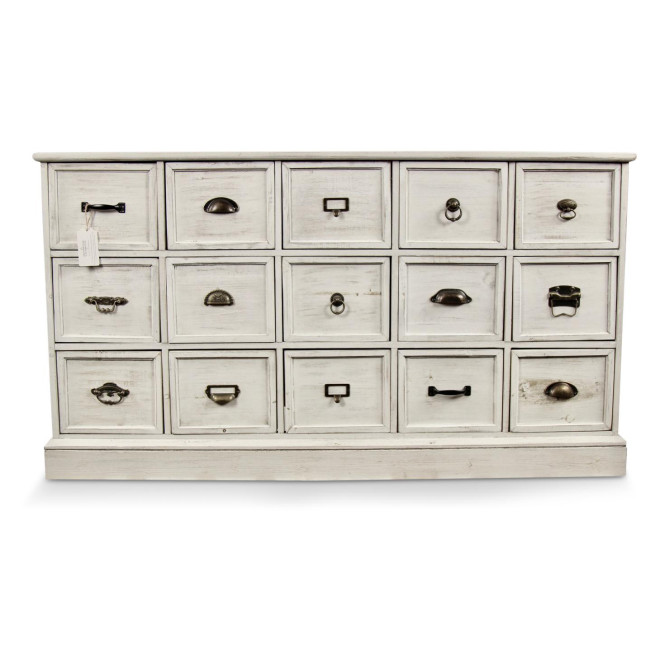 Meuble Semainier Chiffonnier Grainetier Bois 15 Tiroirs Cerusé Blanc 137.5x40.5x76cm