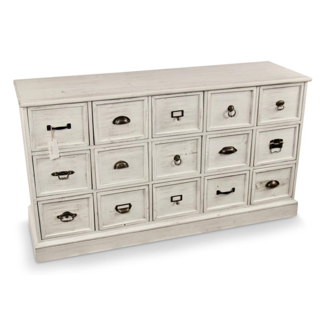 Meuble Semainier Chiffonnier Grainetier Bois 15 Tiroirs Cerusé Blanc 137.5x40.5x76cm