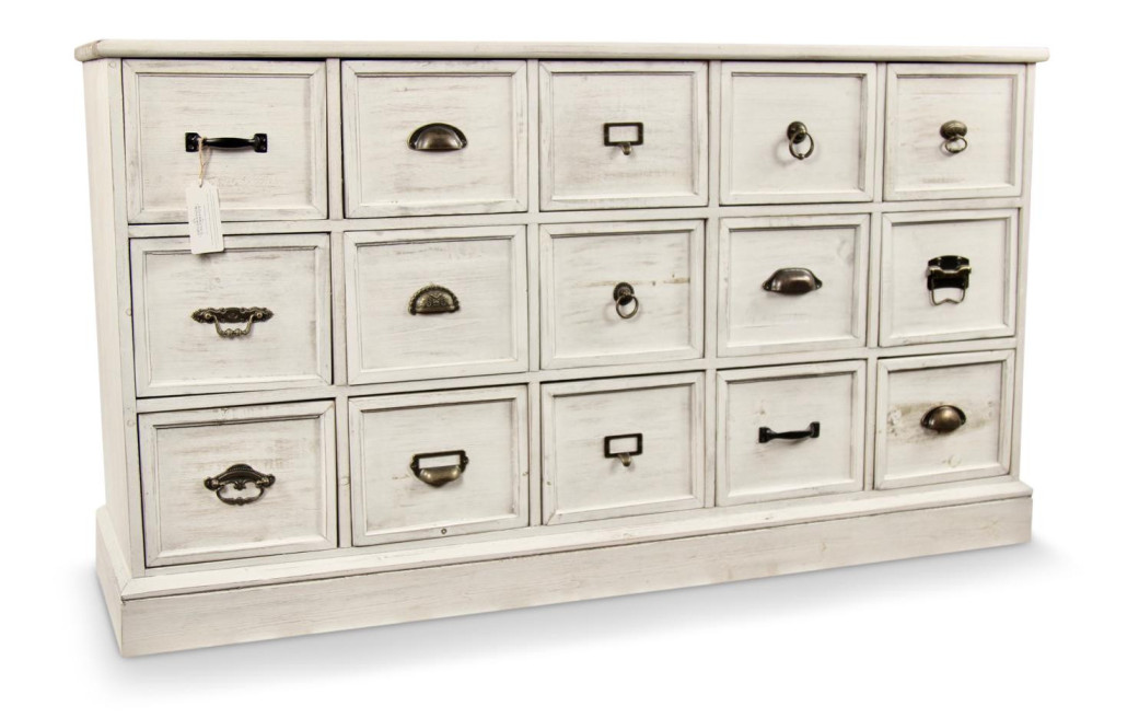 Meuble Semainier Chiffonnier Grainetier Bois 15 Tiroirs Cerusé Blanc 137.5x40.5x76cm